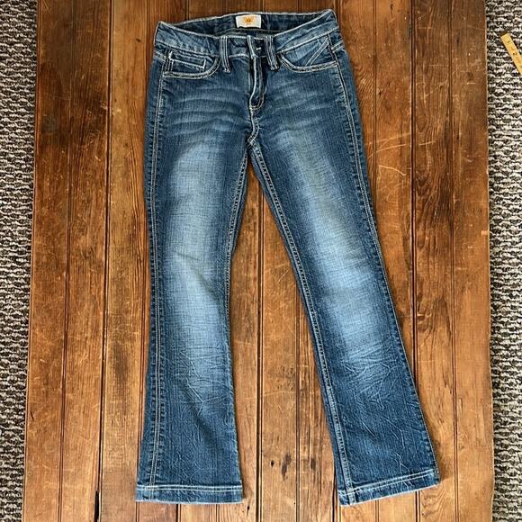 Women’s Anthropologie Antik Denim embroidered low rise flare leg jeans size 25 - Picture 3 of 9